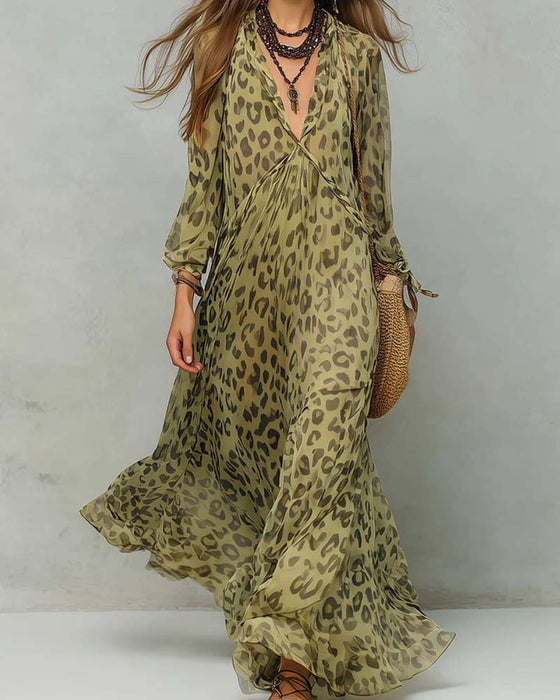 Kjole V-Hals Lang Erme Leopard Maxi