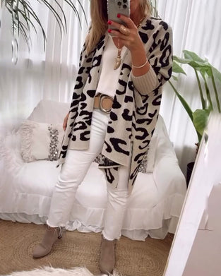Uformell langermet cardigan med leopardmønster