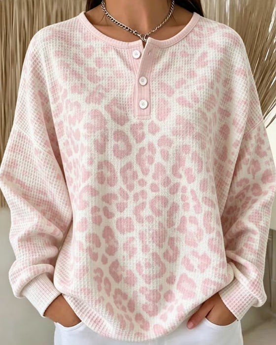 Genser Rund-Hals Knapp-Ned Leopard Avslappet