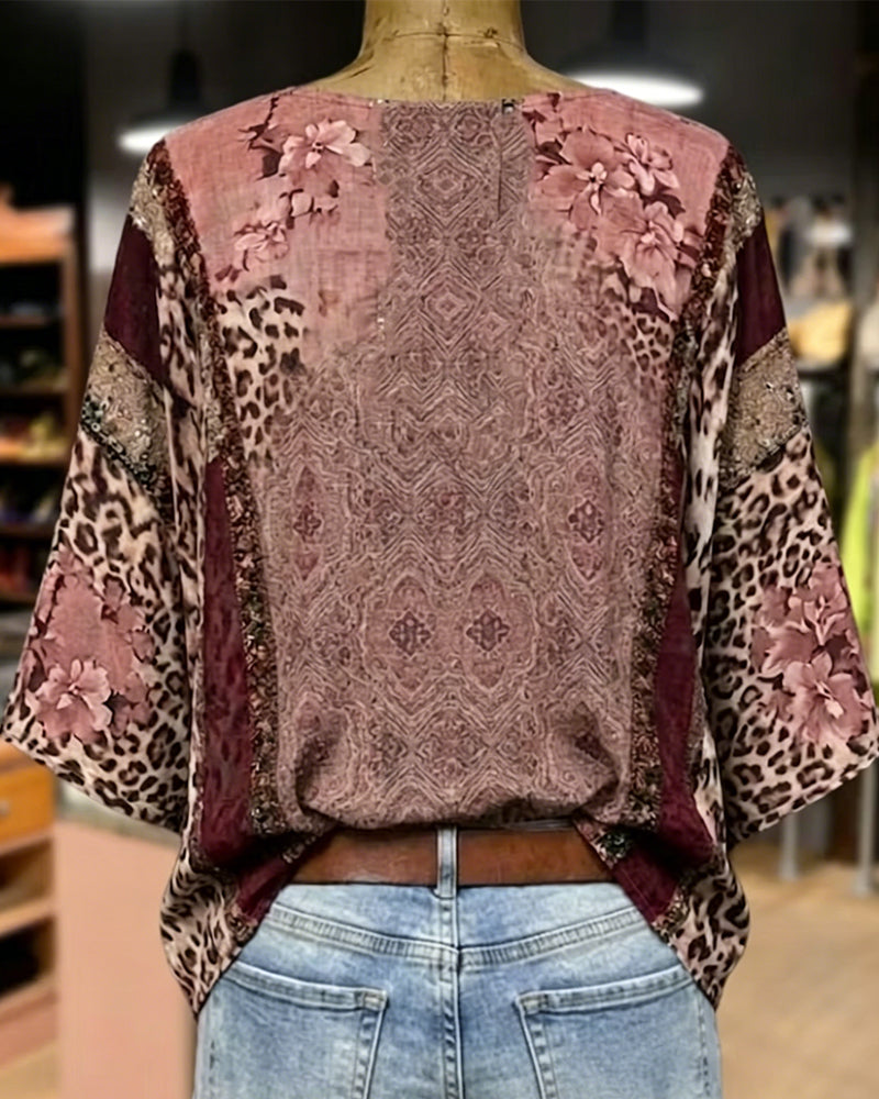 Bluse V-Hals Lykt Erme Leopard