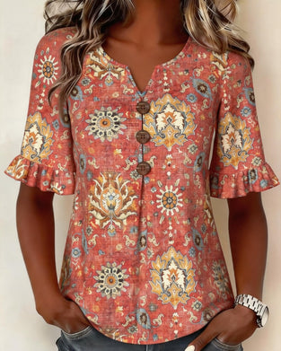 Bluse Etnisk Trykk Flutter Erme
