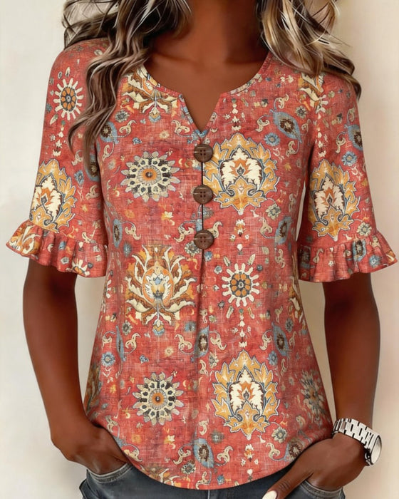 Bluse Etnisk Trykk Flutter Erme