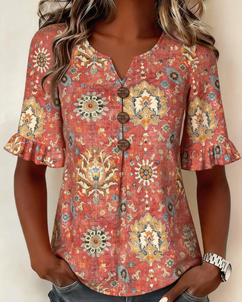Bluse Etnisk Trykk Flutter Erme