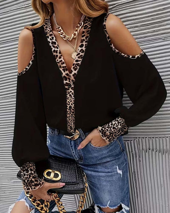 Bluse Off-Skulder Leopard Patchwork Lang Erme