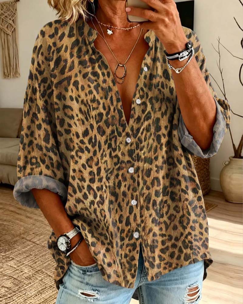 Skjorte V-Hals Knapp Leopard Lang Erme