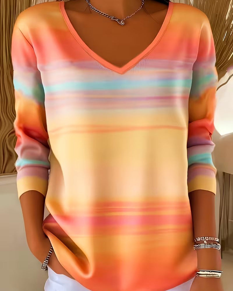 Sweatshirt Regnbue Ombre Horisontal Stripe V-Hals
