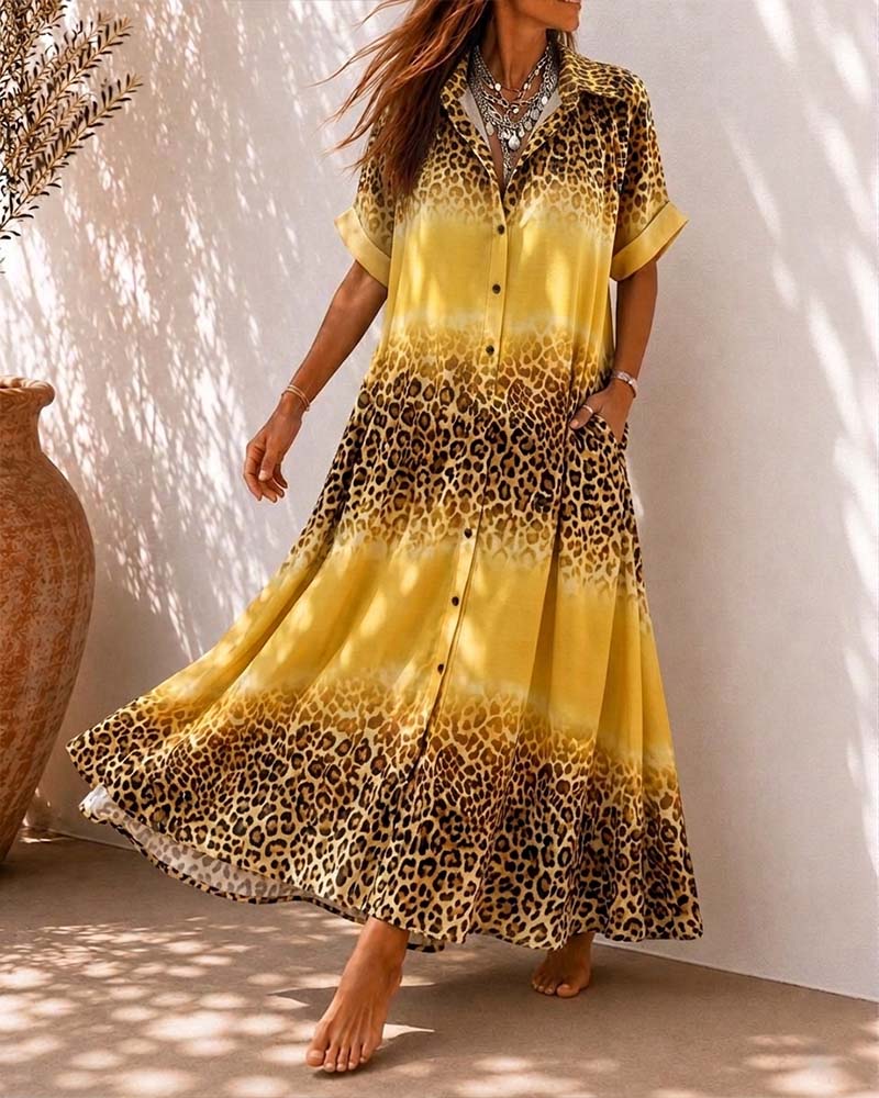 Kjole Krage Leopard Trykk Gradient Skjorte