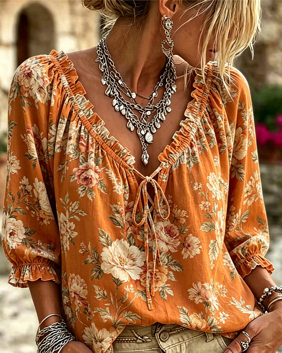 Bluse Blomstret V-Hals Knyte Puffererme