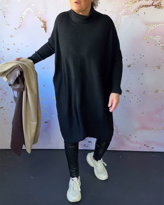 Uformell ensfarget langermet genser med høy krage