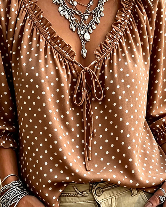 Bluse V-Hals Ruffle Polka Dot Knyting