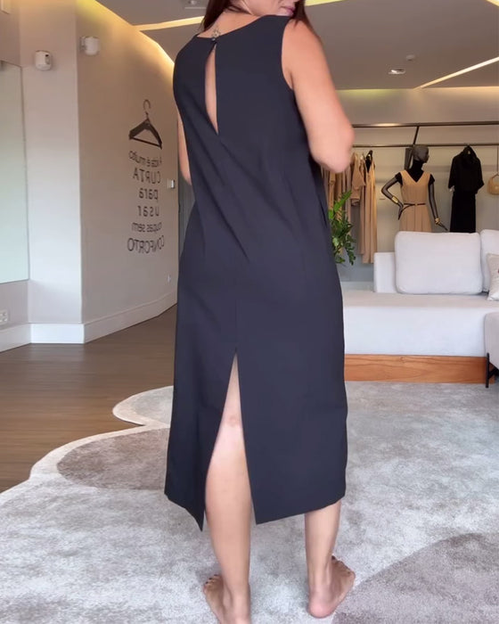 Kjole avslappet v-hals ermeløs ensfarget splitt