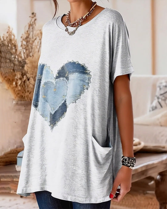 T-skjorte Rund Hals Lomme Hjerte Trykk