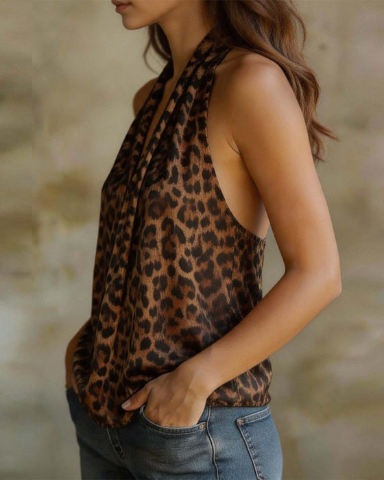 Blus V-Hals Halter Leopard Ärmlös
