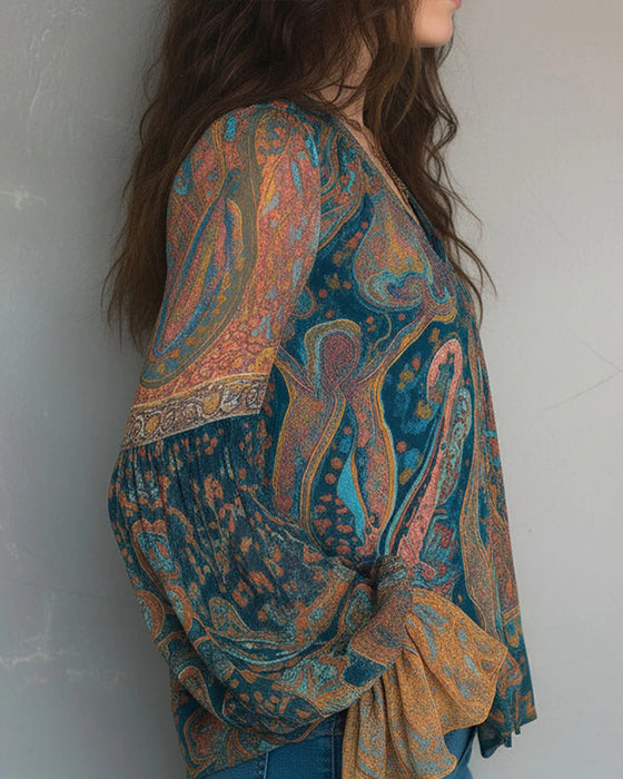 Bohemsk V-Hals Bluse Med Utsvingte Ermer