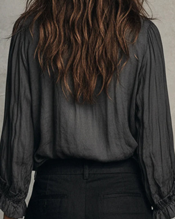 Bluse Lang Erme Dyp V-Hals Rynket