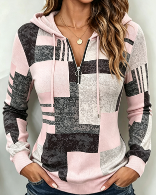 Hettegenser Halv-Zip Casual Kontrast Rutemønster