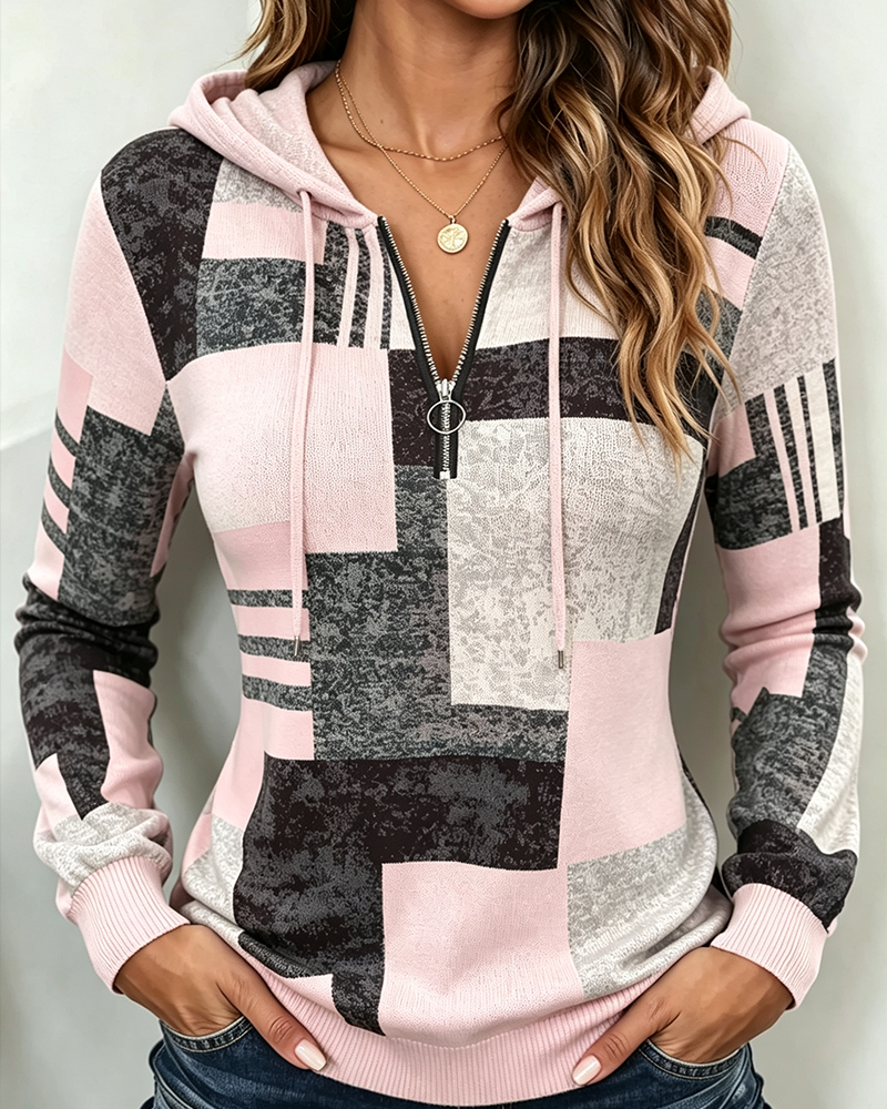 Hettegenser Halv-Zip Casual Kontrast Rutemønster
