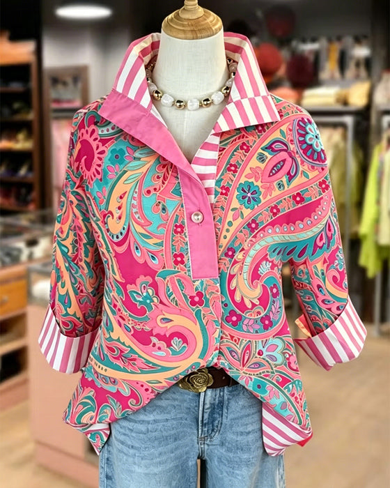 Bluse Patchwork Blomstrende Trykk Casual