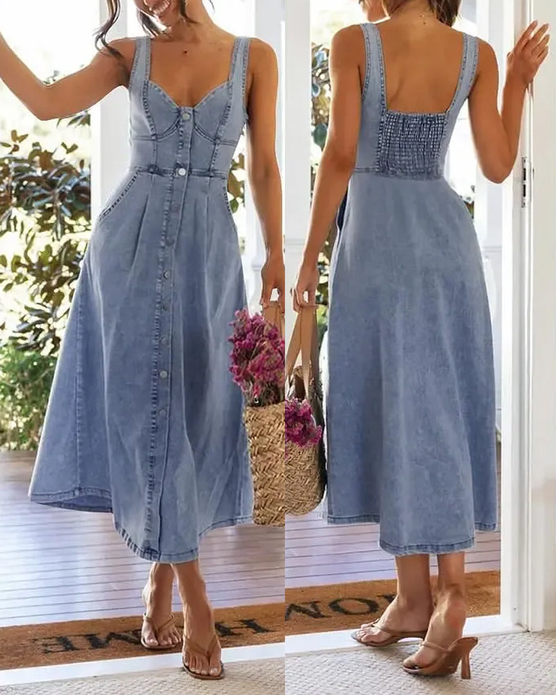 Kjole Spaghetti Stropp Knapp Midje Innsnørt Denim