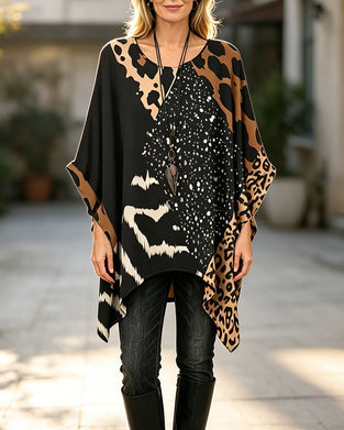 Bluse Rund Hals Leopardmønster Paljetter Patchwork