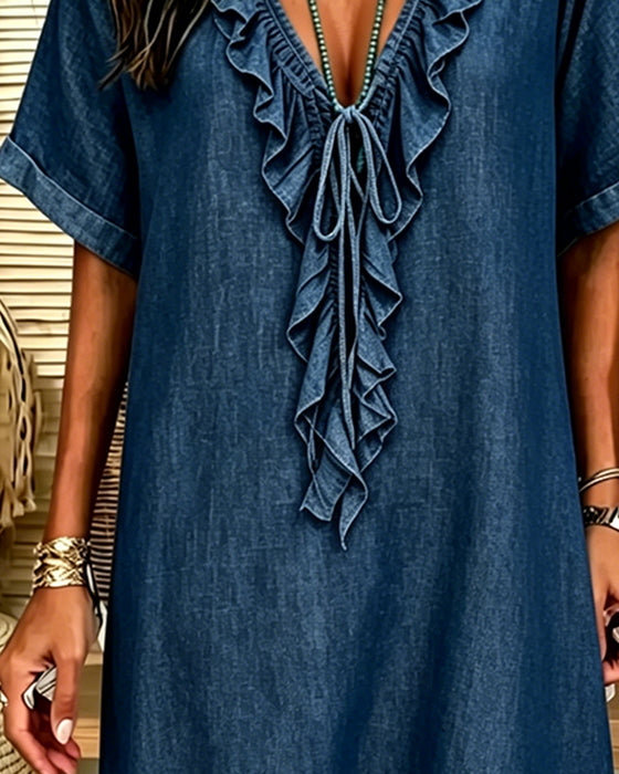 Kjole V-Hals Denim Ruffle