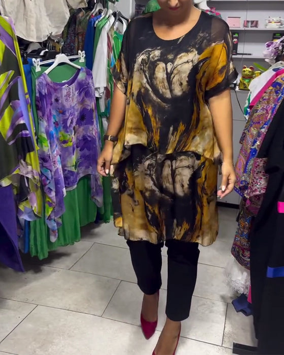 Topp Rund Hals Løs Casual Trykt