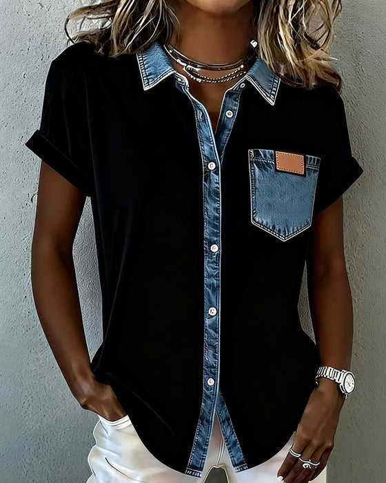 T-Skjorte Denim Patchwork Nedbrettet Krage