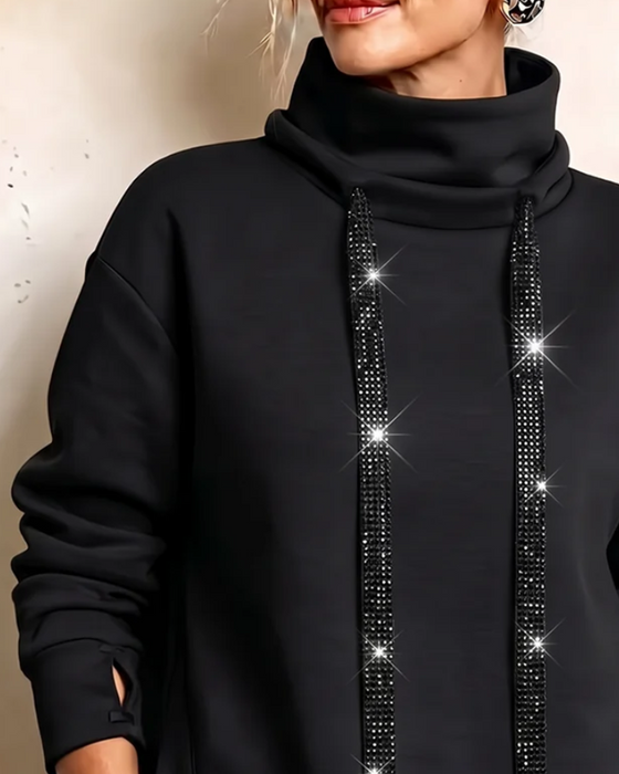 Sweatshirt Høy Hals Rhinestone Snøring