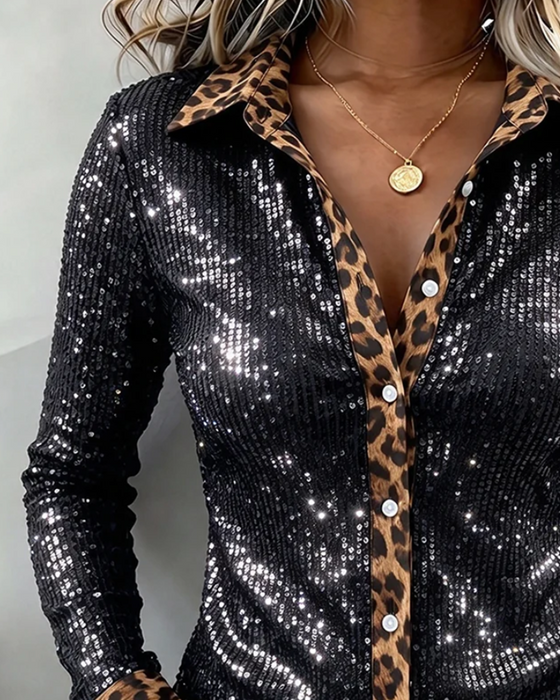 Skjorte Stilig Leopard Jakkeslag Lang Erme