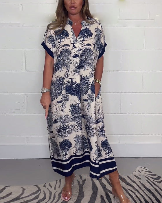 V-hals lommekjole med dyreprint