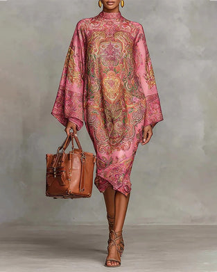 Høyhalset Kjole Med Vintagemønster