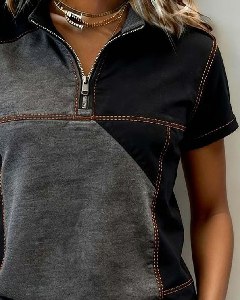 Topp Halvglidelås Fargeblokk Kortermet