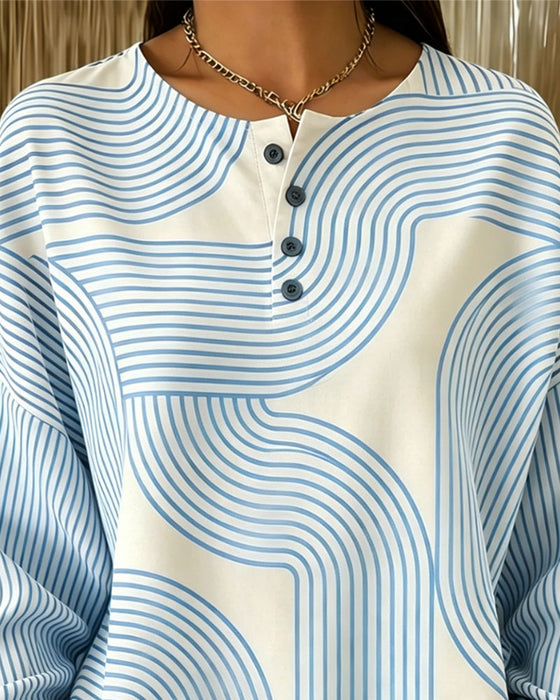 Sweatshirt Rund Hals Knapp Stripet Løs