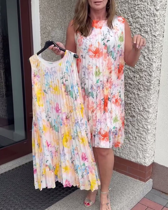 Kjole Ermeløs Plissert Blomstret