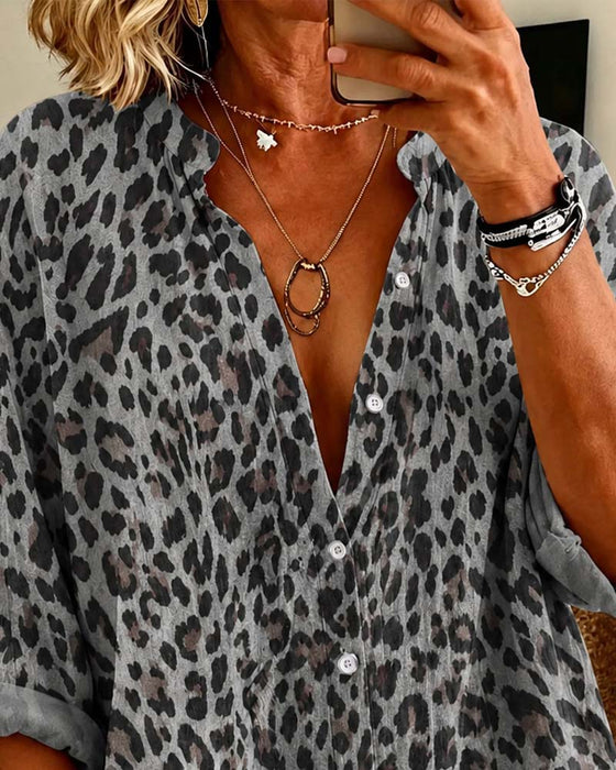 Skjorte V-Hals Knapp Leopard Lang Erme