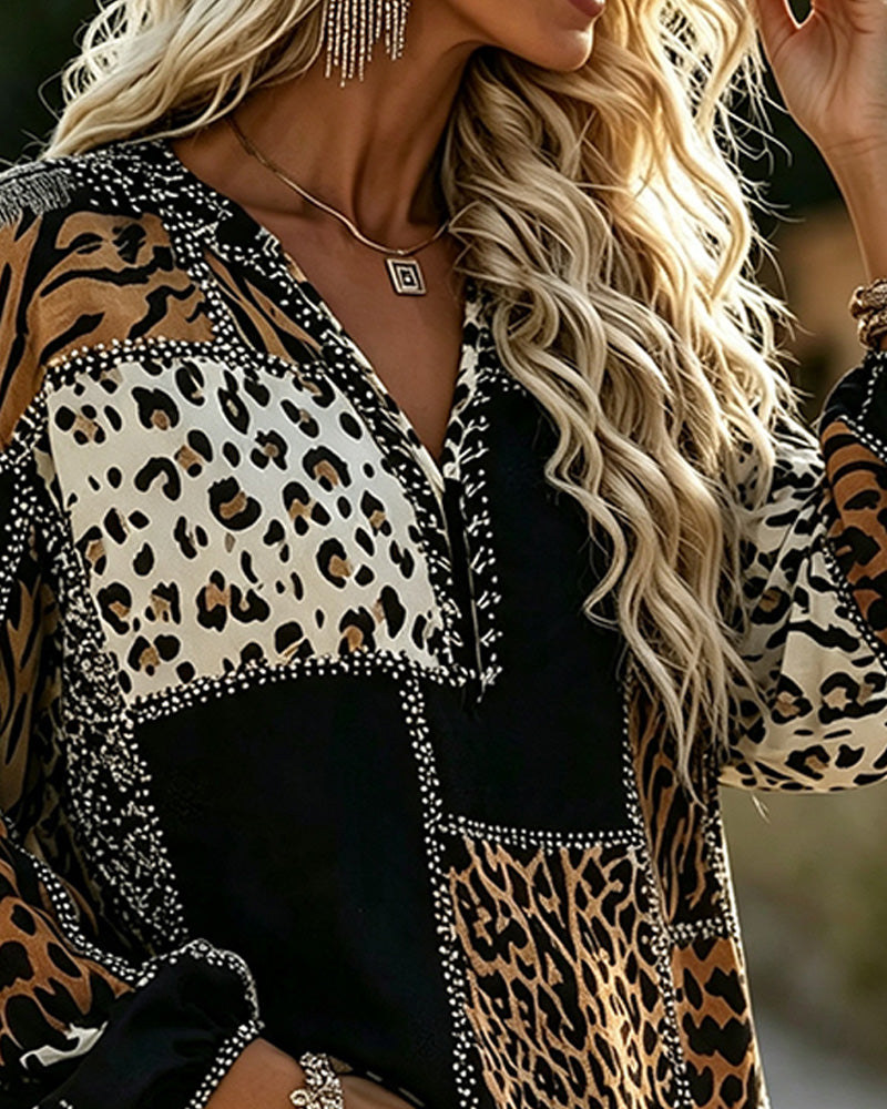 Bluse Leopard Fargeblokk