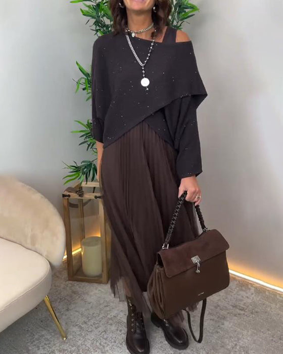 Set Med Elegant Stil, Asymmetrisk Genser Og Spetsrok