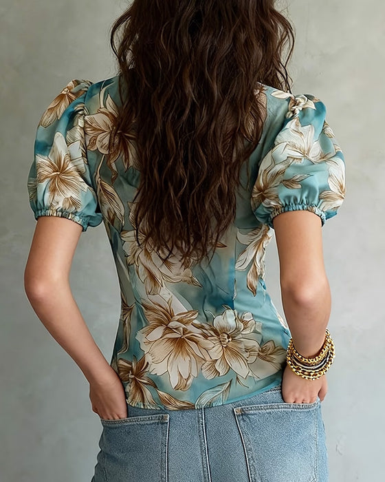 Bluse Med Rysjer Blomstermønstret Pufferme