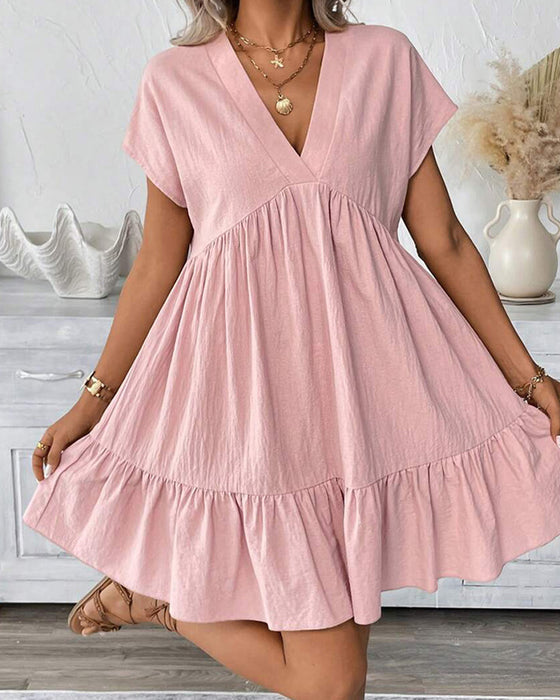 Kjole Solid V-Hals Ruffle-Kant
