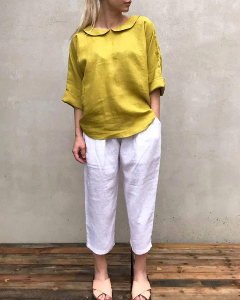 Bluse Peter Pan-Krage Lin-Blanding Loose-Fit