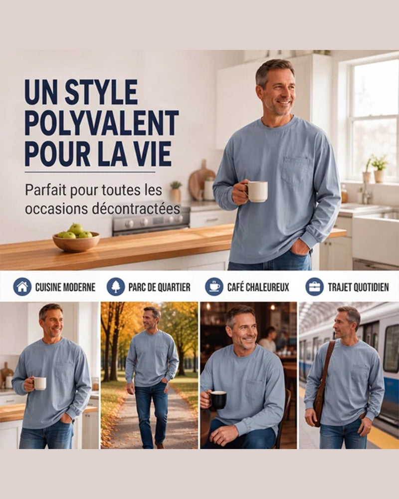 Herre T-Shirt Rund Hals Lomme Ensfarget