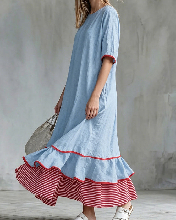 Kjole Fargeblokk Stripe Rynket Maxi
