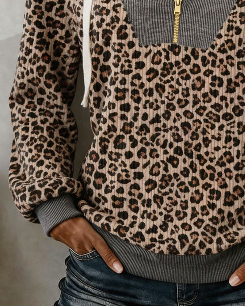 Hoodie Leopardtrykk Spliced Halv Glidelås