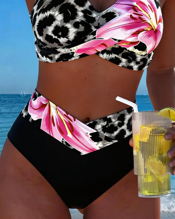 Bikini Leopard Trykk Blomstret Kontrastfarge