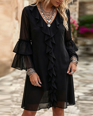Kjole Ruffle Flare Erme V-Hals
