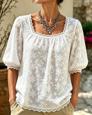 Bluse Med Firkantet Hals Puffermet Jacquard