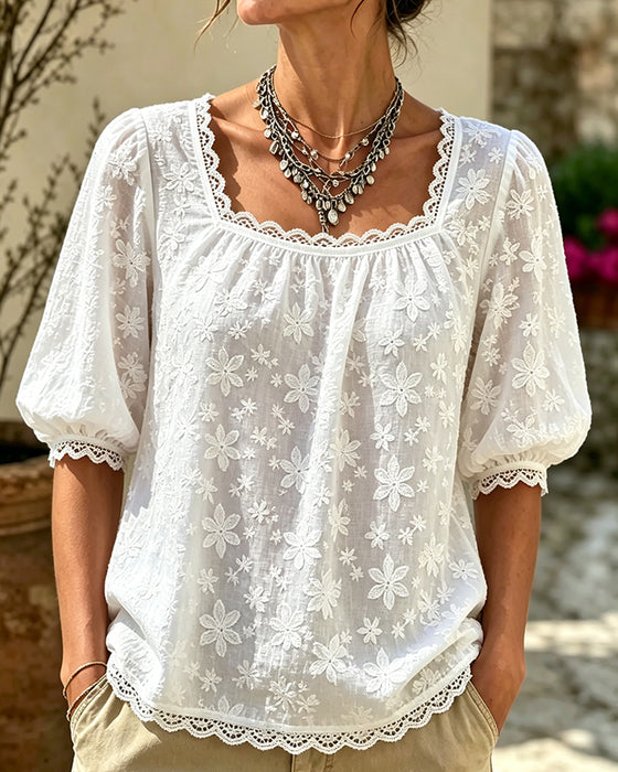 Bluse Med Firkantet Hals Puffermet Jacquard