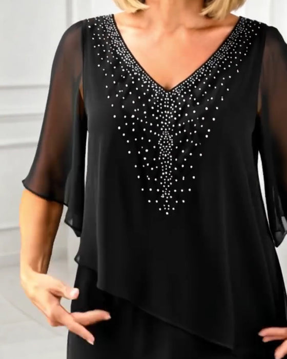Kjole Avslappet V-Hals Rhinestone