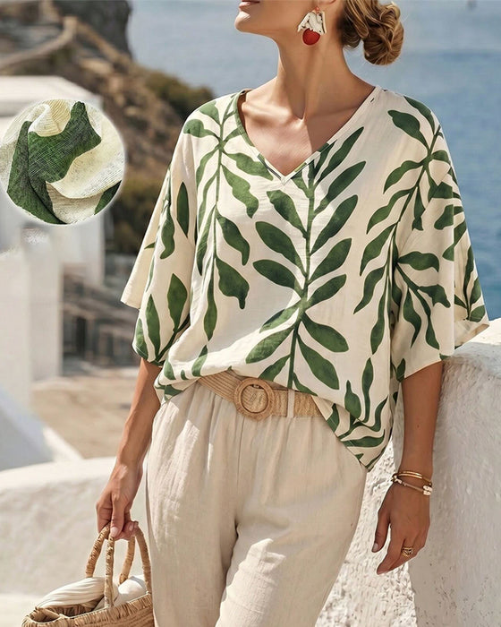 Bluse V-Hals Halv Erme Bladtrykk