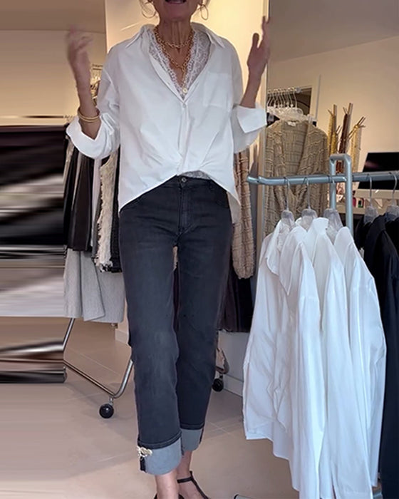 Skjorte Og Blonder Inner Sett Jakkeslag Ensfarget Langermet